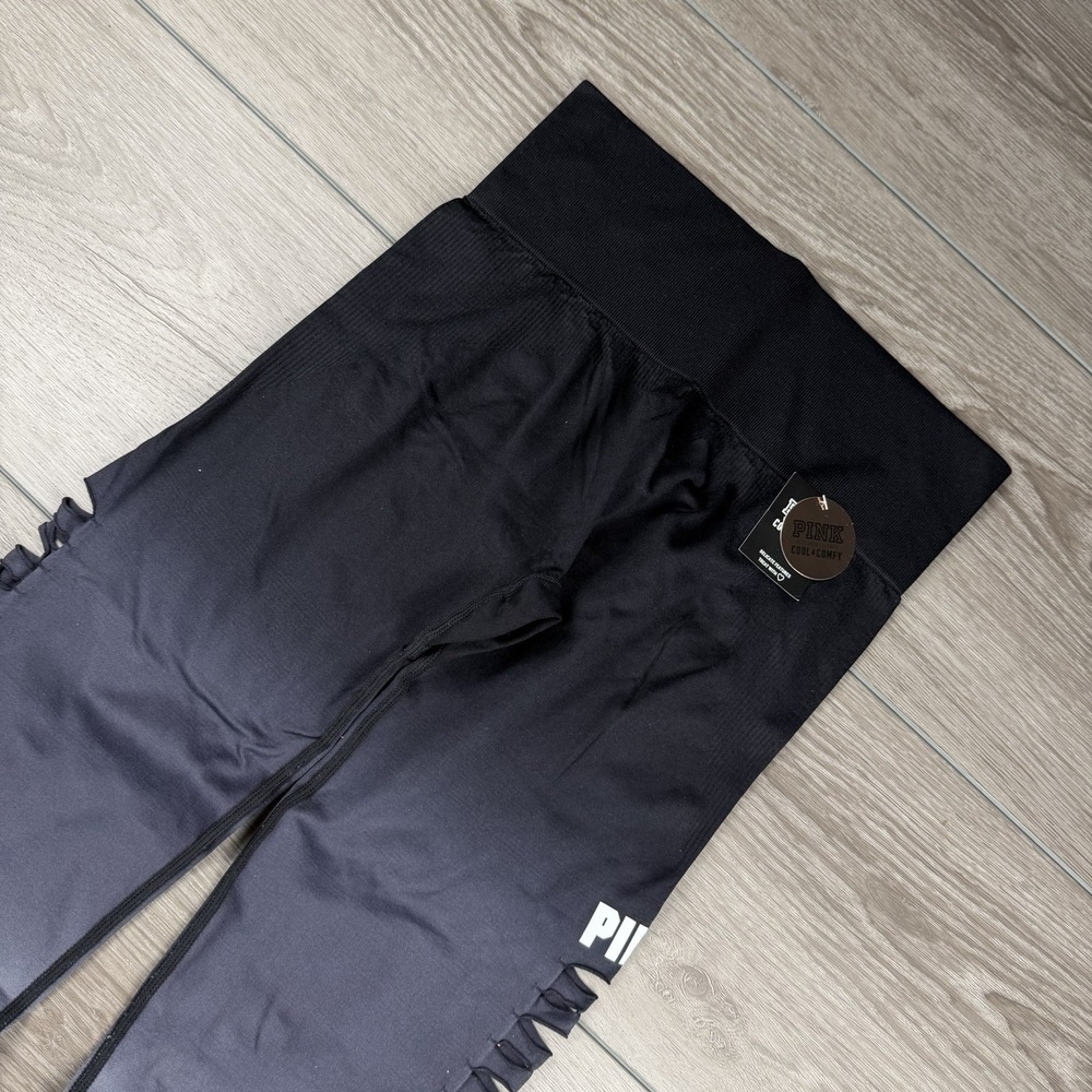 Victorias Secret Pink Cool & Comfy Dip Dye Slashed Leggings Black‎ Large New